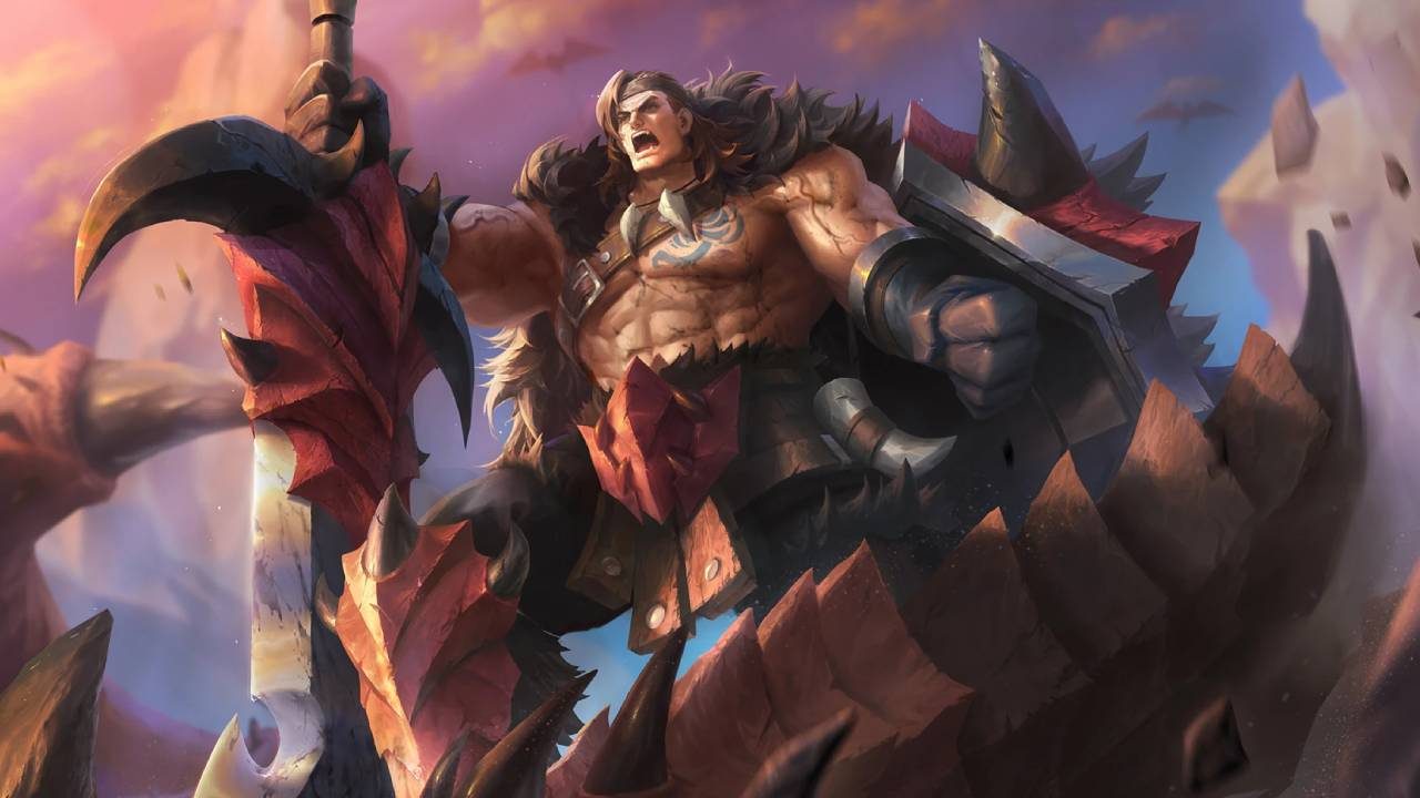 Splash art oficial de Tigreal rugiendo con su espadón y su escudo en Mobile Legends