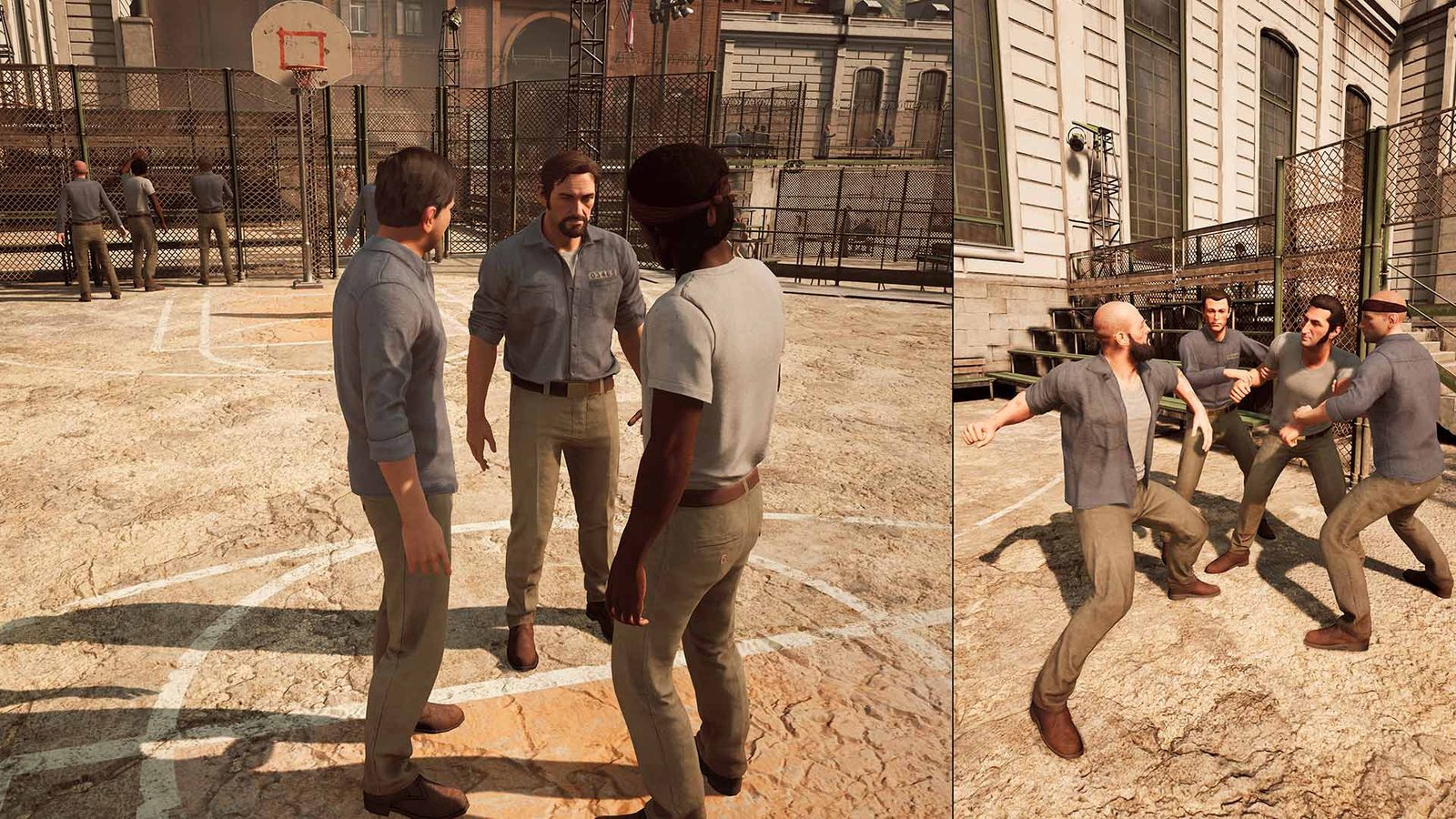 Leo y Vincent conversan en el patio de la prisión a pantalla dividida en A Way Out