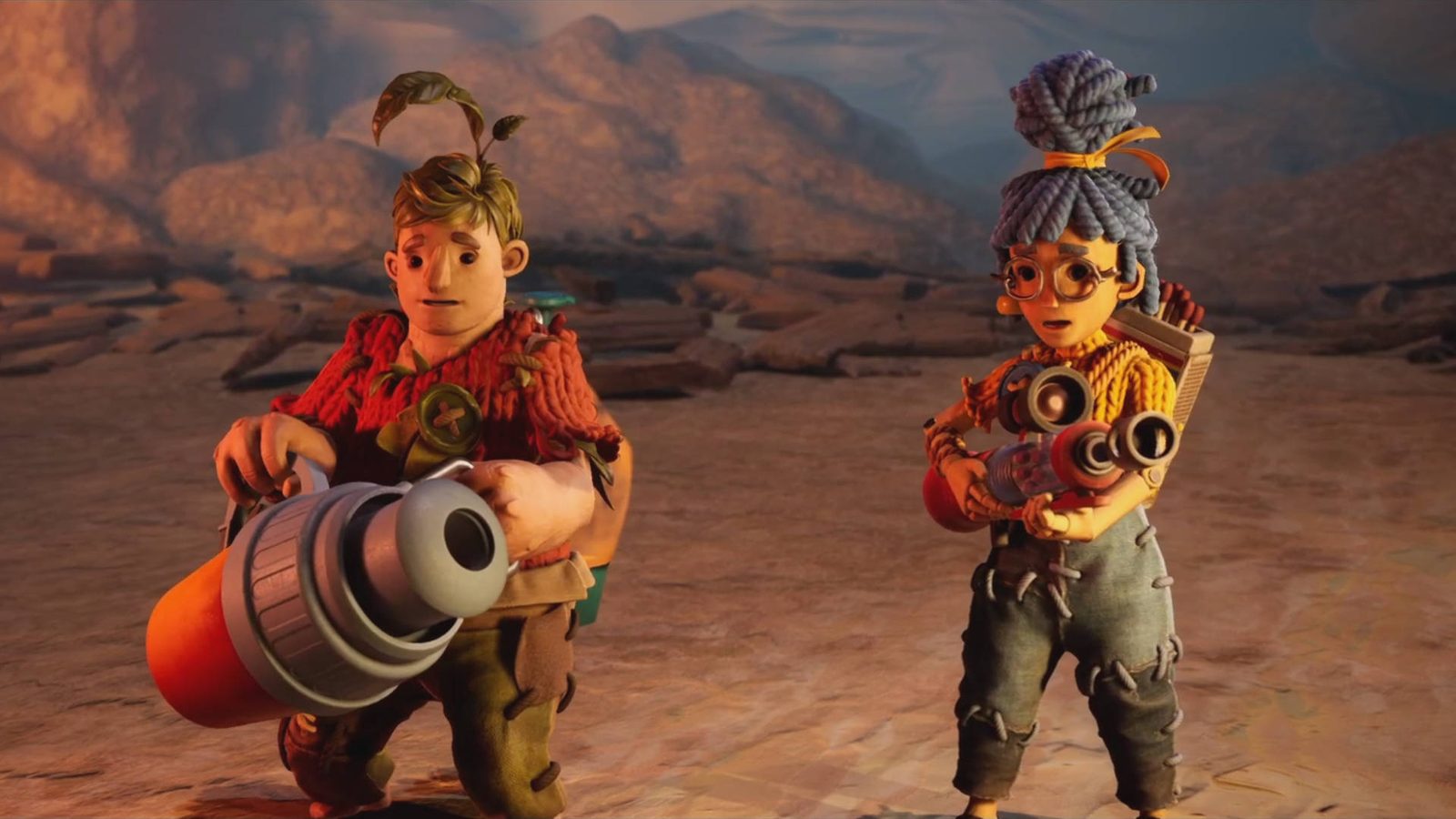 Cody y May, convertidos en muñecos y armados con media pistola de resina cada uno, en It Takes Two