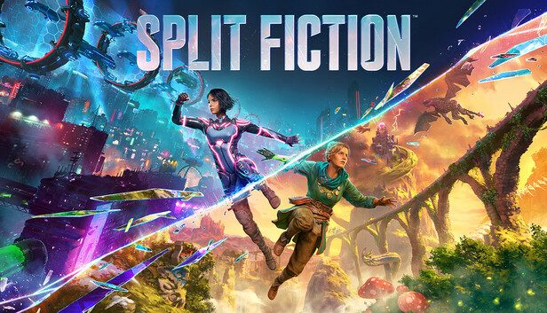 Arte oficial de Split Fiction con Mio y Zoe saltando entre el mundo de ciencia ficción y el de fantasía