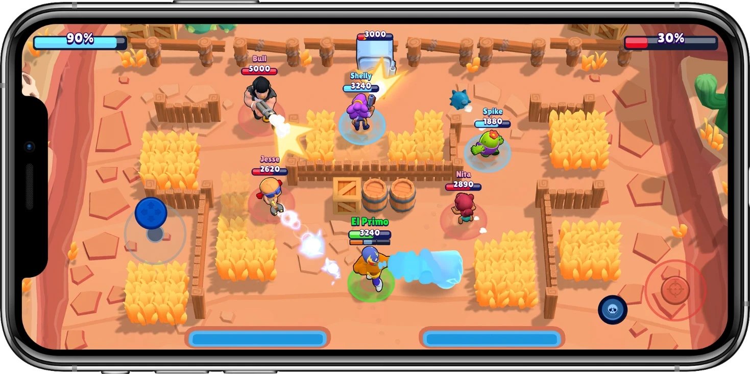 Una partida de Brawl Stars en la pantalla de un teléfono, ejemplo del multijugador móvil