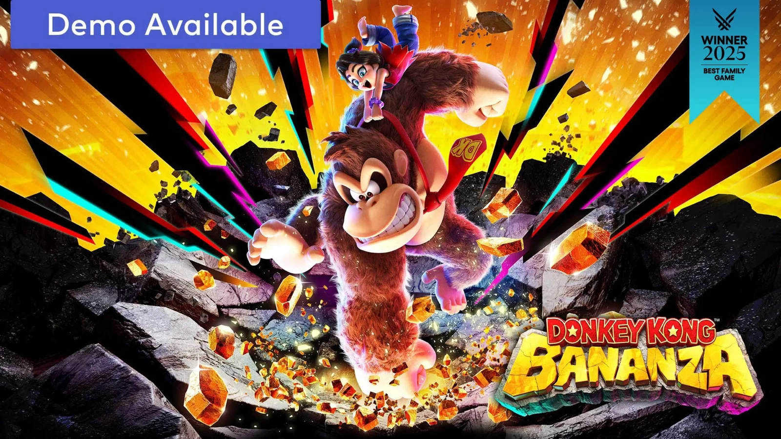 Donkey Kong and Pauline smash through rock in Donkey Kong Bananza