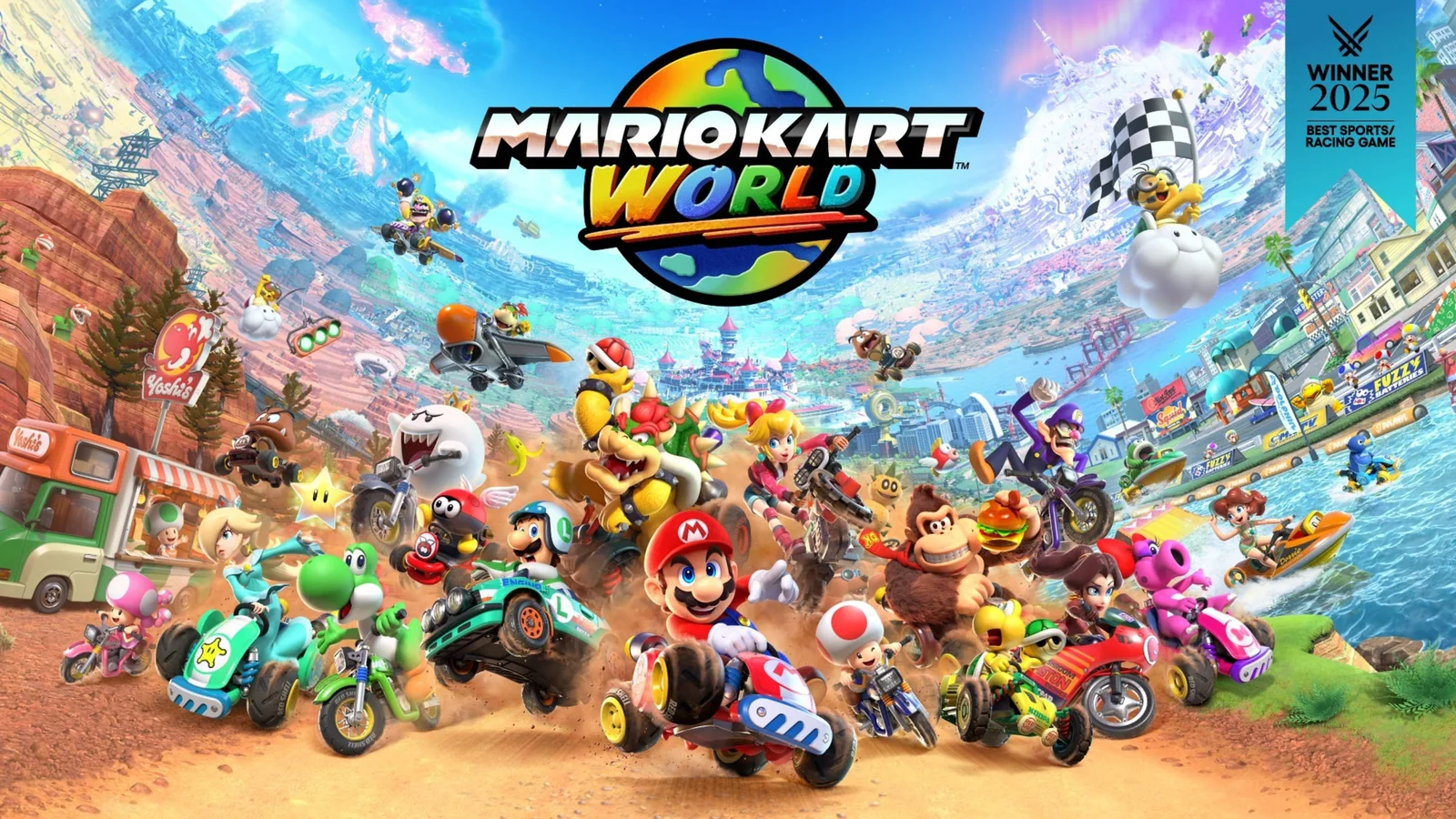 Mario, Peach, Bowser and the rest of the cast race across Mario Kart World