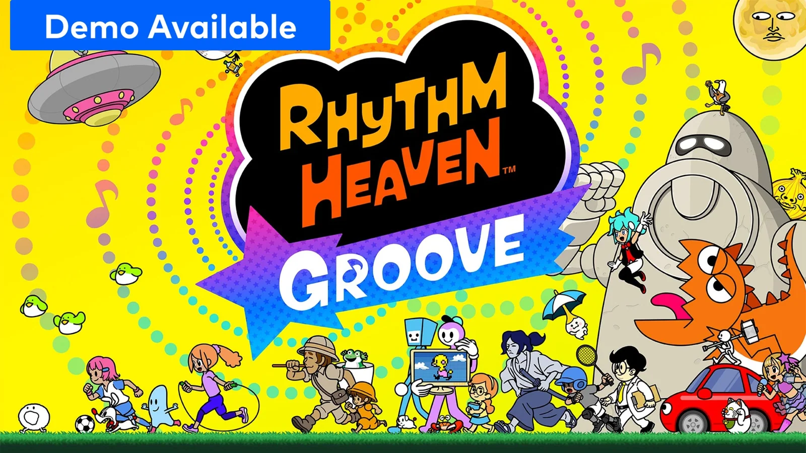Rhythm Heaven Groove characters and minigames surround the game's logo
