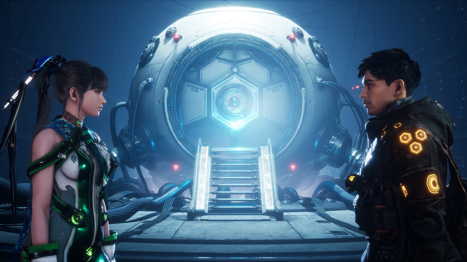 Two characters facing a large glowing circular gate in Stellar Blade