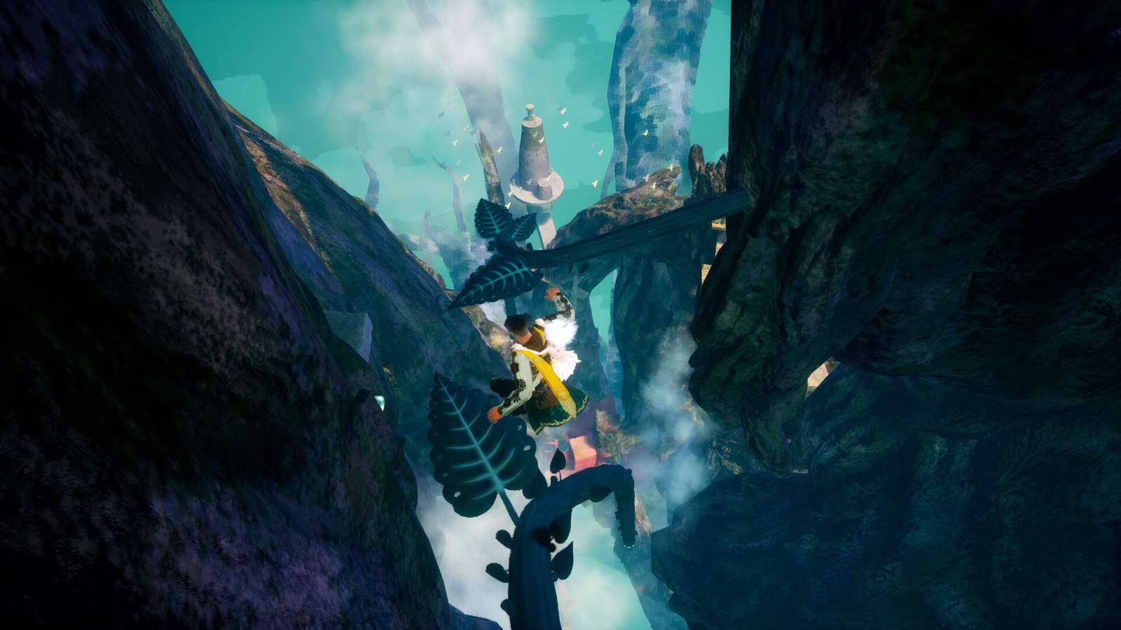 A character makes their way down a rocky crevasse in Where the Seeds Fall