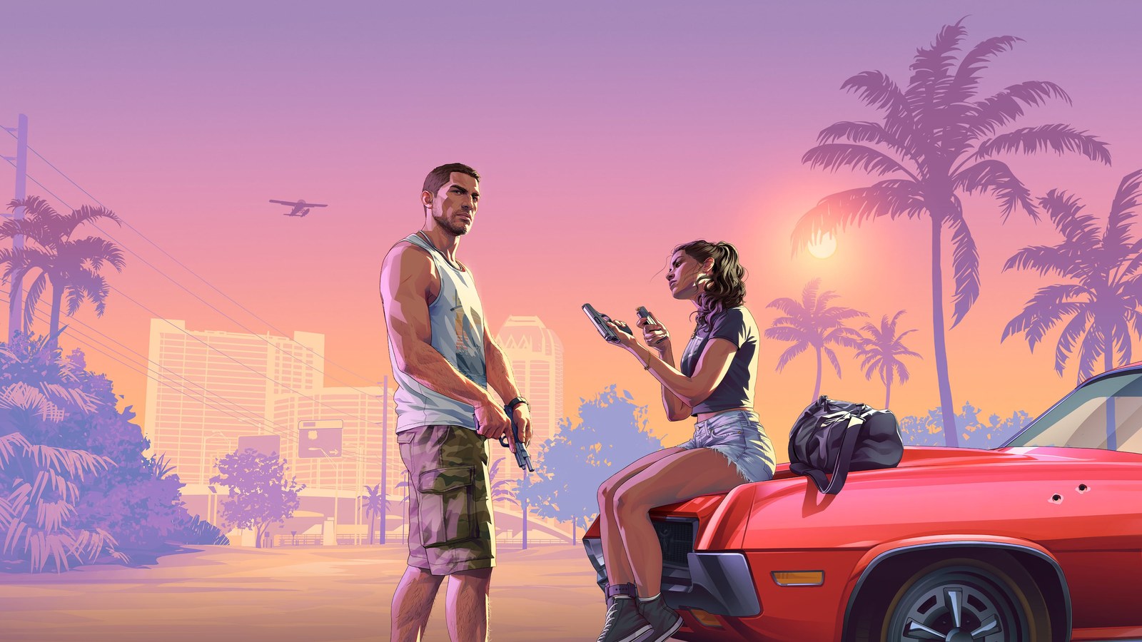 Jason and Lucia beside a red car at sunset among palm trees in Grand Theft Auto VI