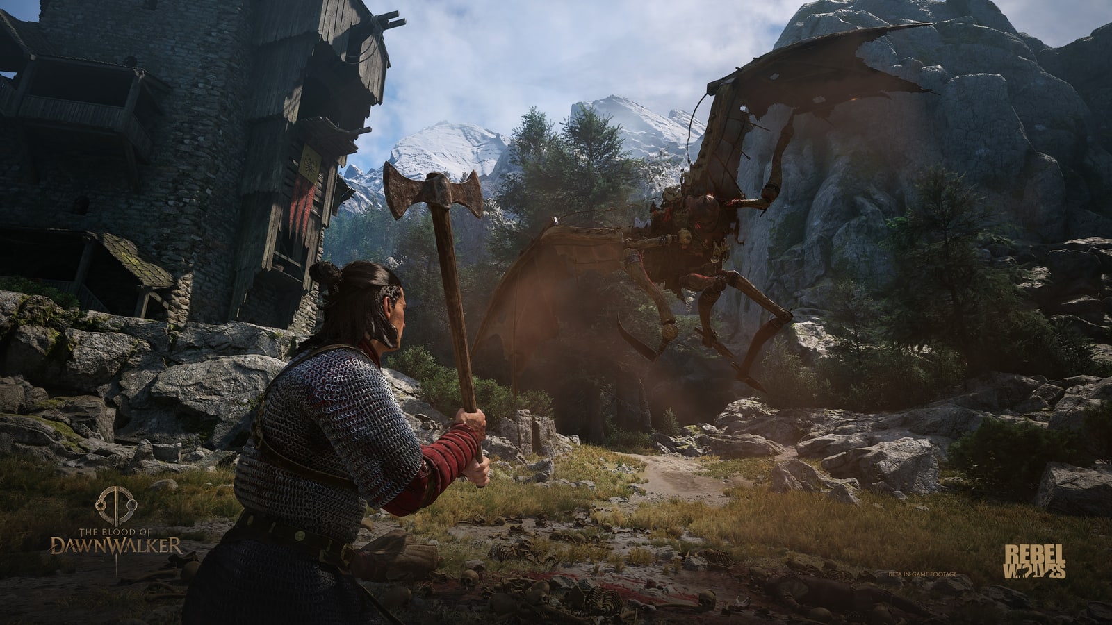 Coen fights a creature wielding two axes in a village from The Blood of Dawnwalker