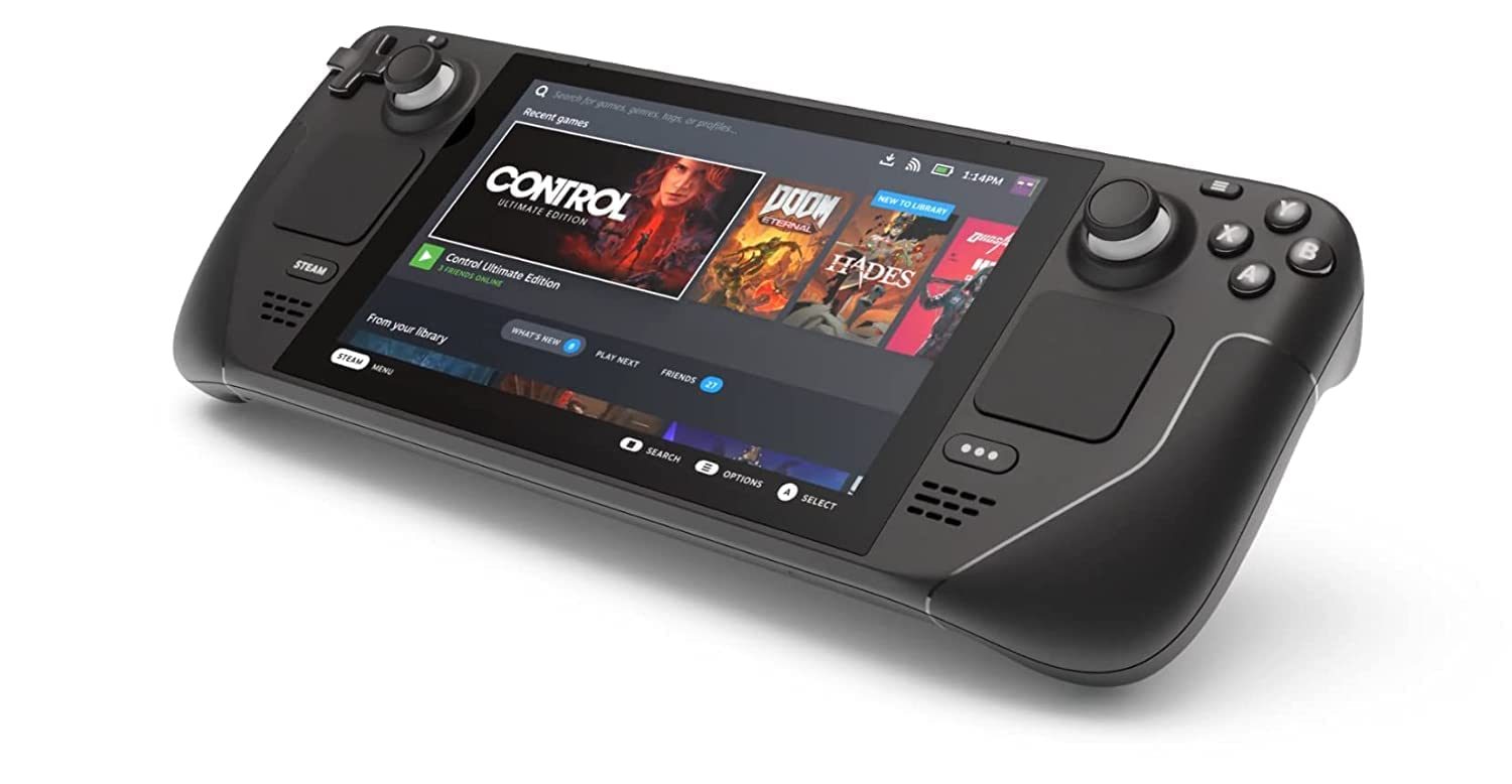 Close-up of a Steam Deck with an action game on screen