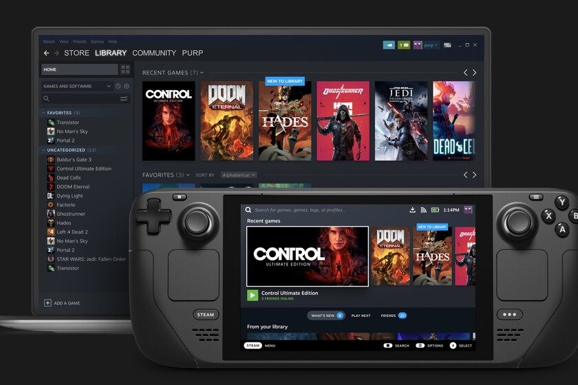Una Steam Deck junto a un portátil mostrando una biblioteca de juegos de Steam