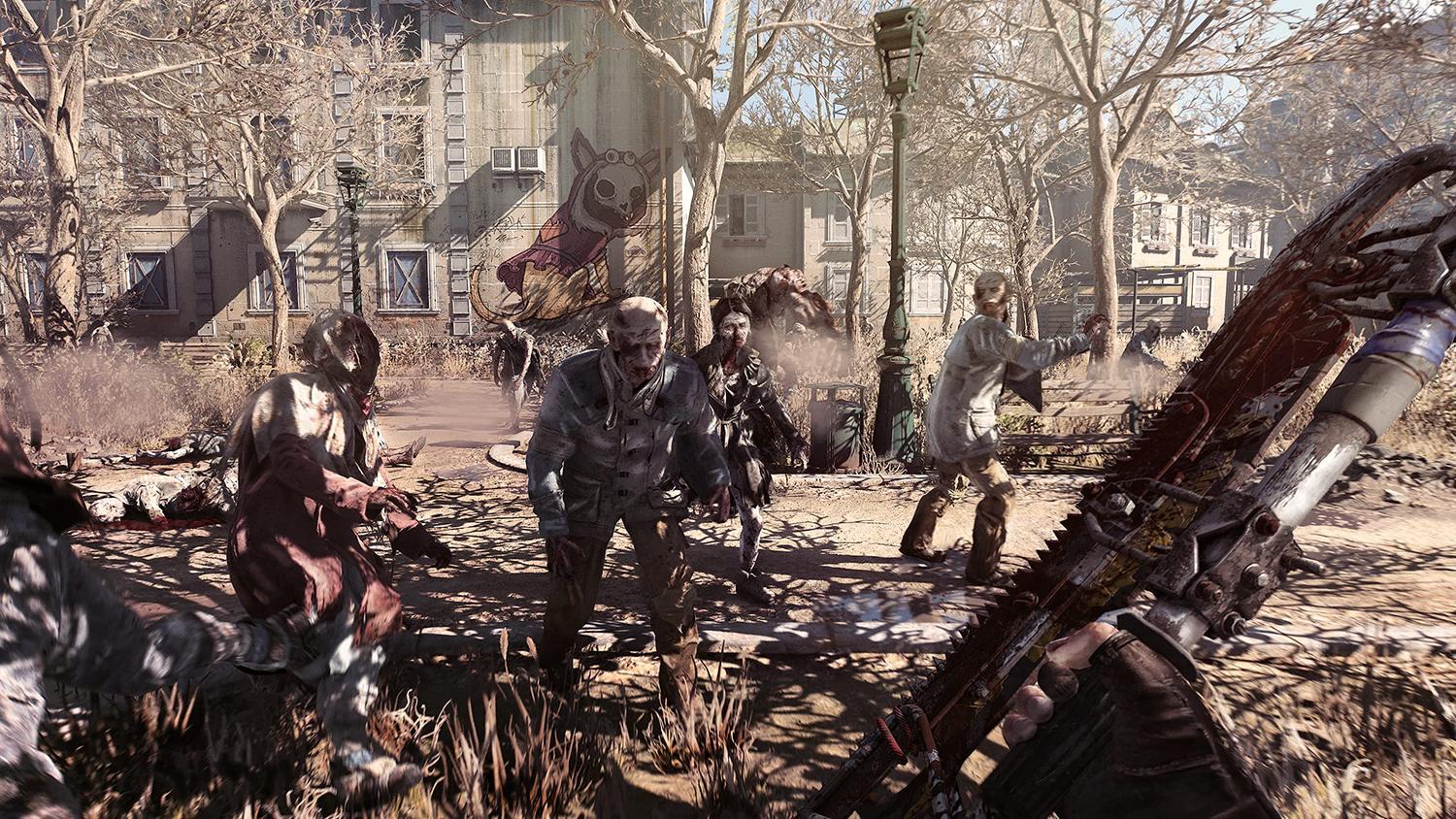 A survivor faces a horde of zombies in a ruined city at sunset
