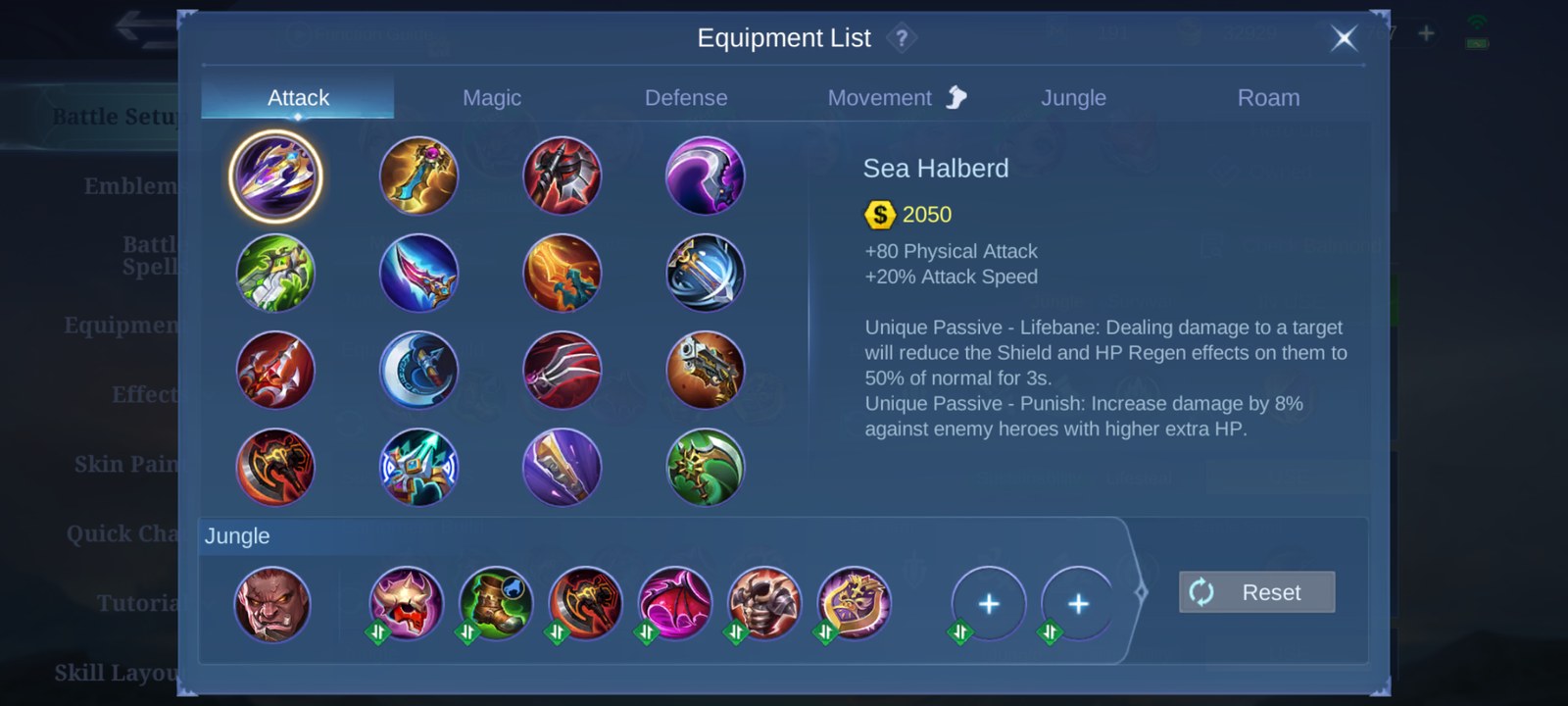 Mobile Legends equipment list screen with the attack tab open and Sea Halberd selected