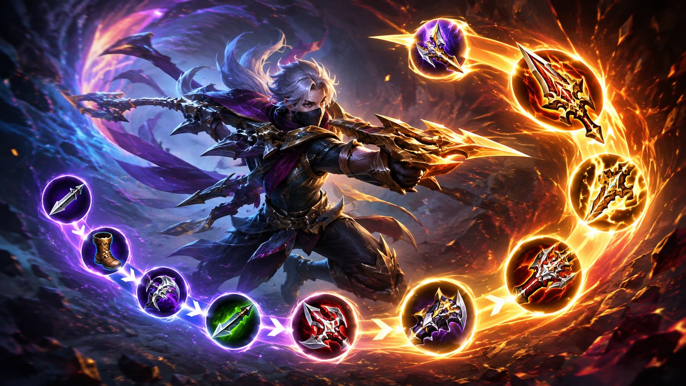 Illustration of a twin-bladed assassin surrounded by a chain of attack items