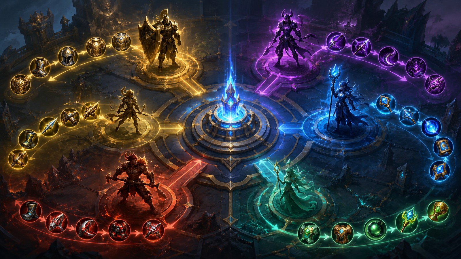 The six Mobile Legends roles, each with its own item chain arranged around the base