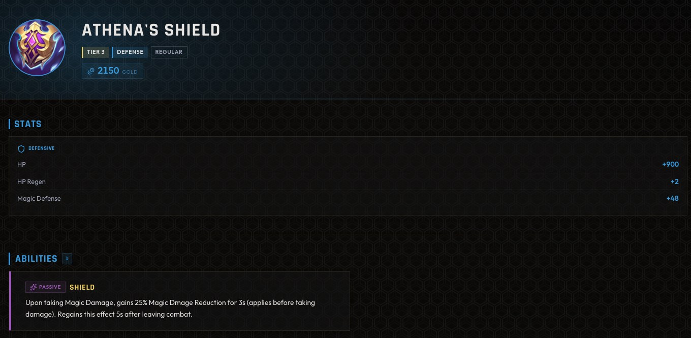Ficha de Escudo de Atenea en MLBBHub con atributos defensivos y efecto pasivo