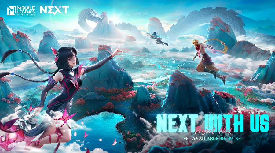 Arte oficial de Project NEXT con héroes de Mobile Legends ante montañas y cascadas