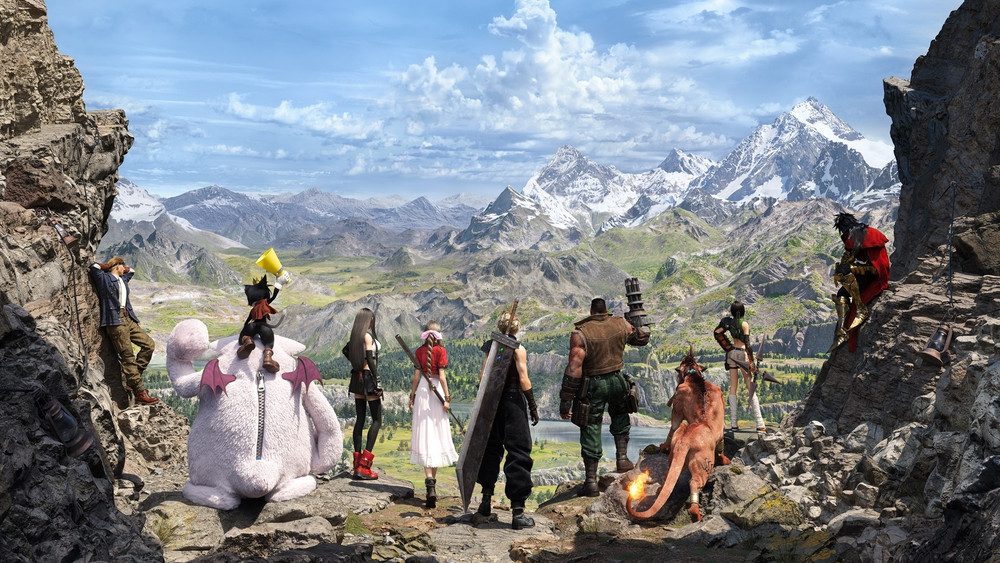 The Final Fantasy VII Rebirth party looks out over a vast mountain landscape