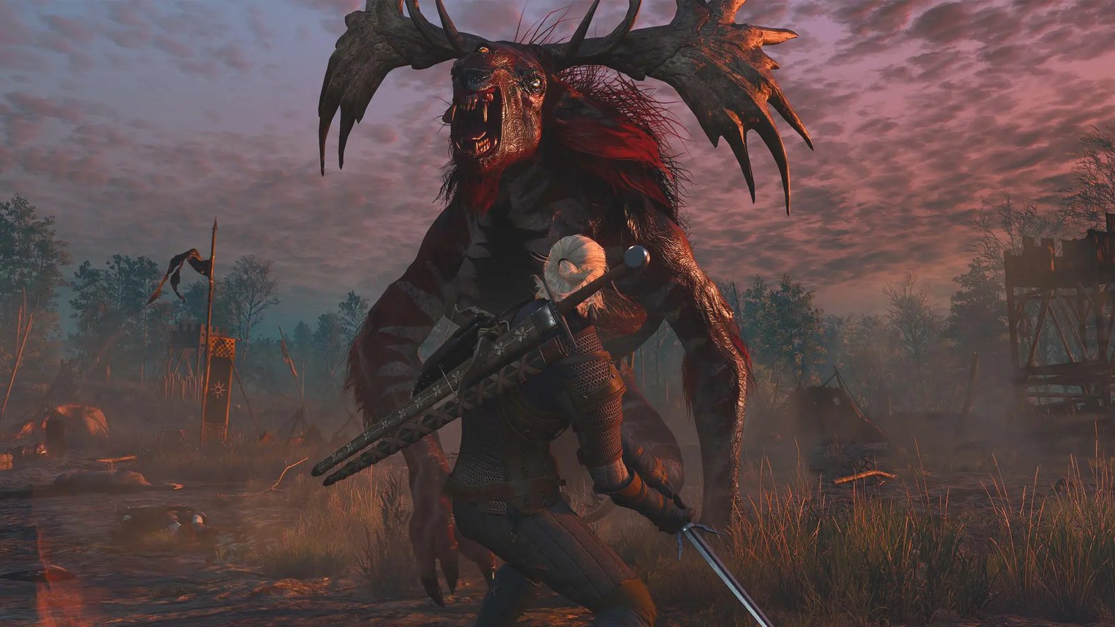 Geralt of Rivia faces an antlered beast in an open world at dusk
