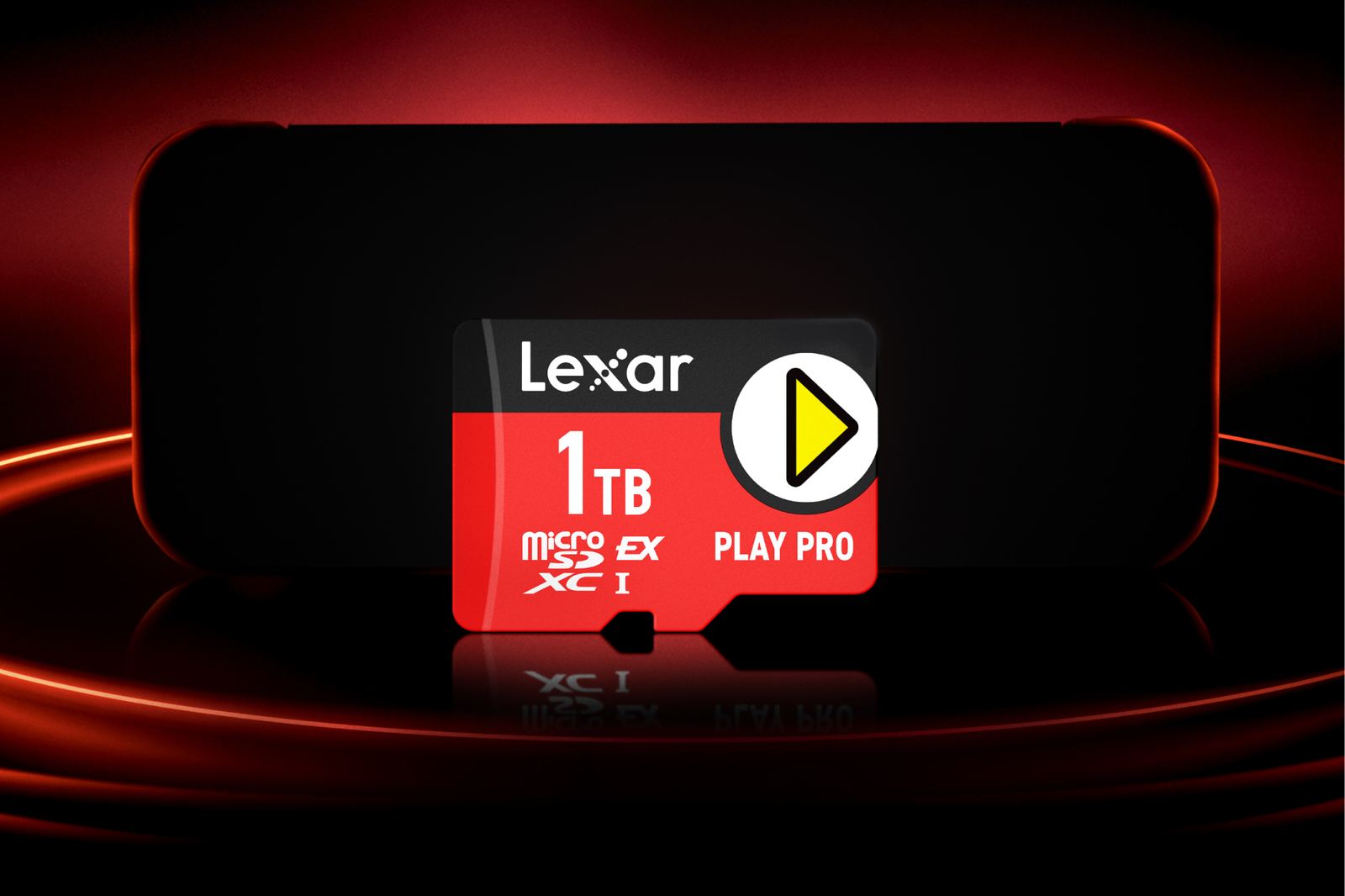 A 1TB Lexar Play Pro microSD Express card in front of a Nintendo Switch 2