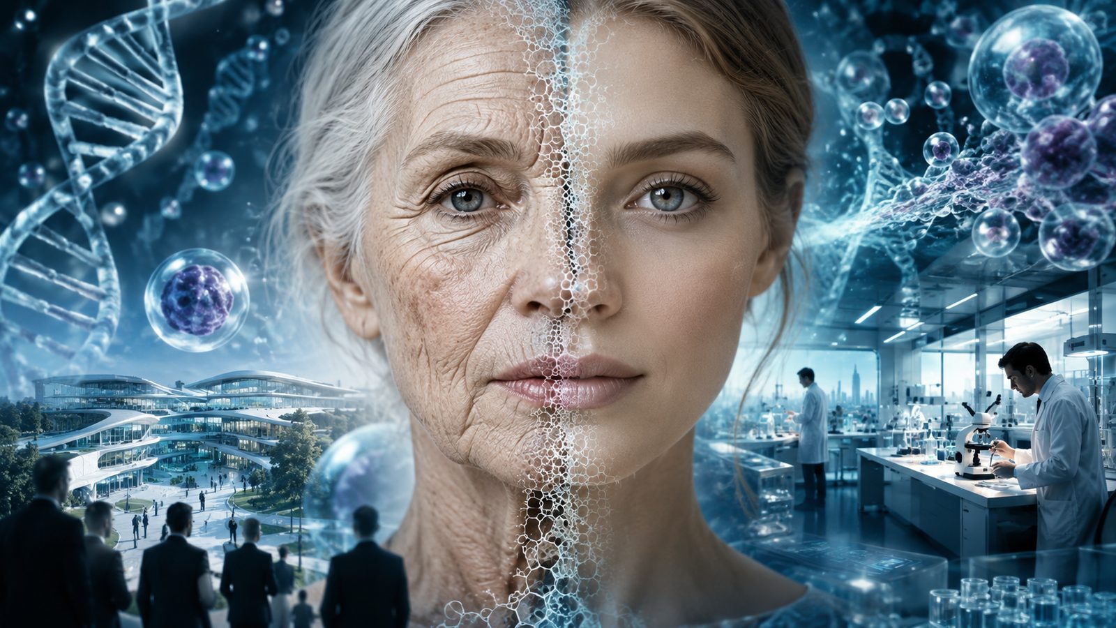 A woman's face split between old age and youth, with a lab and DNA helices behind
