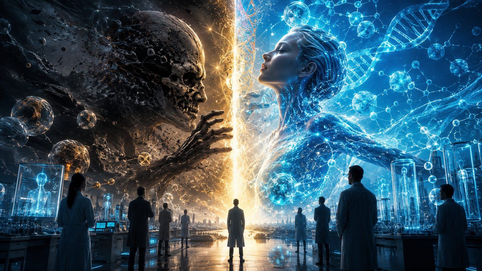 Illustration of death as a dark skull facing a human figure of blue light in a futuristic lab