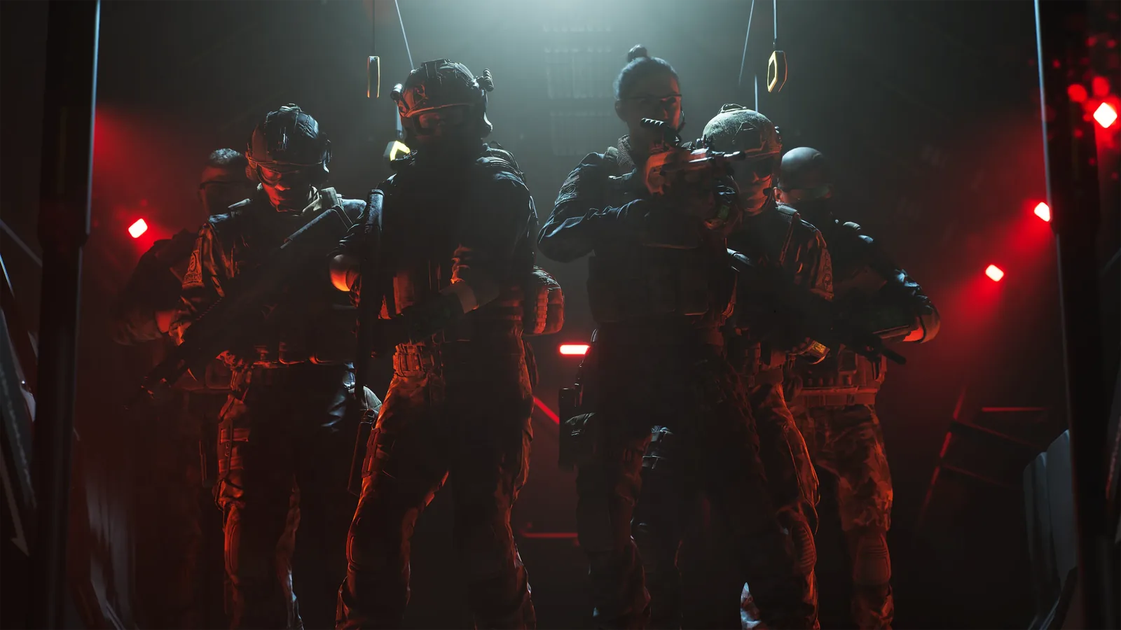 A squad of armed MindsEye soldiers advances under intense red light
