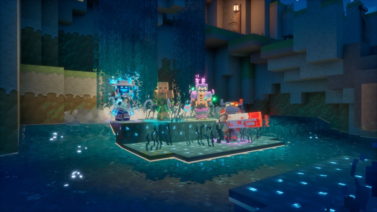 Cuatro héroes equipados en Minecraft Dungeons II