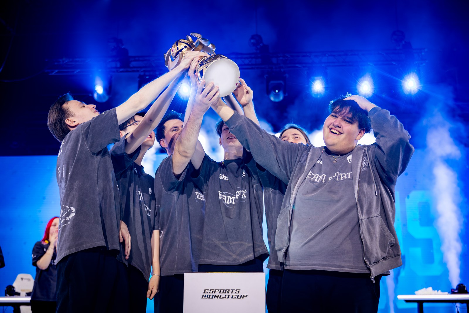 Team Spirit lift the MSC trophy at the 2026 Esports World Cup