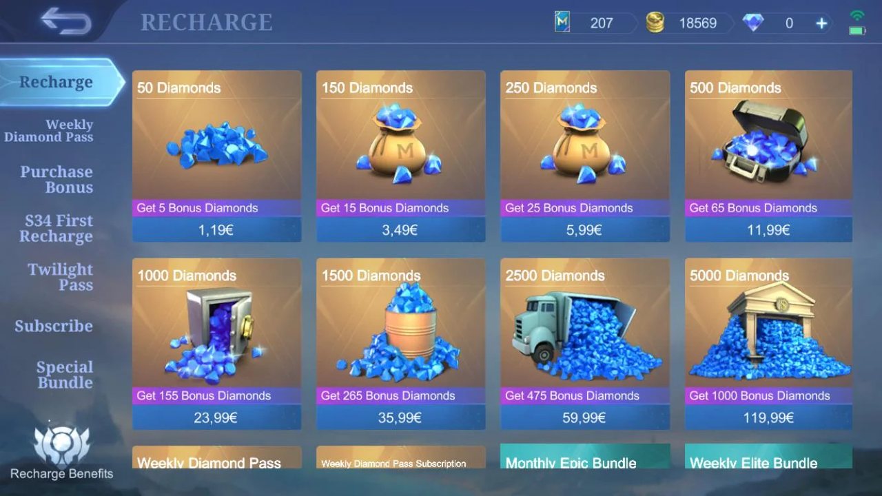 Mobile Legends' diamond recharge store showing the price of each pack