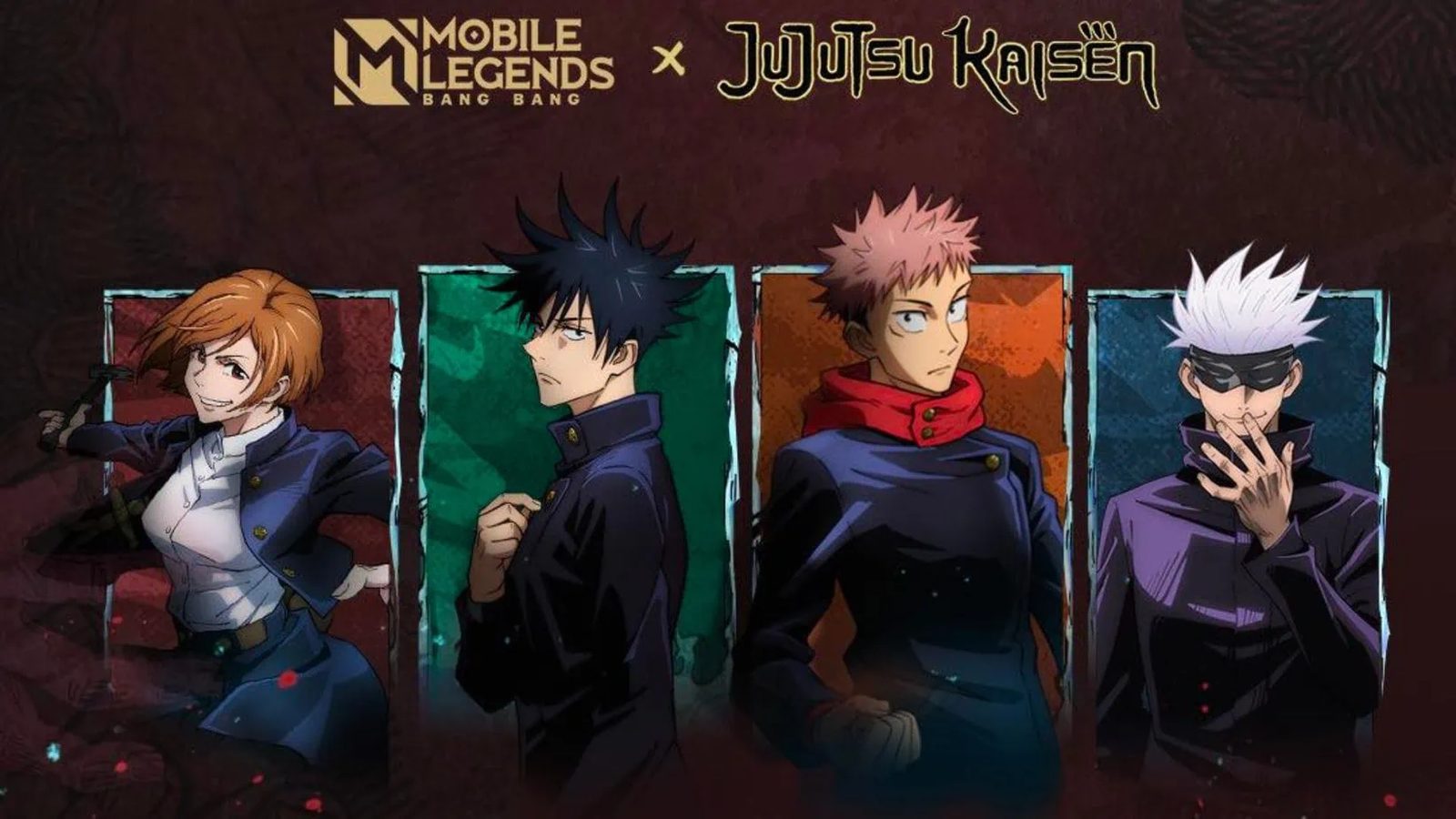 Cartel oficial de la colaboración de Mobile Legends con Jujutsu Kaisen, con Nobara, Megumi, Yuji y Gojo