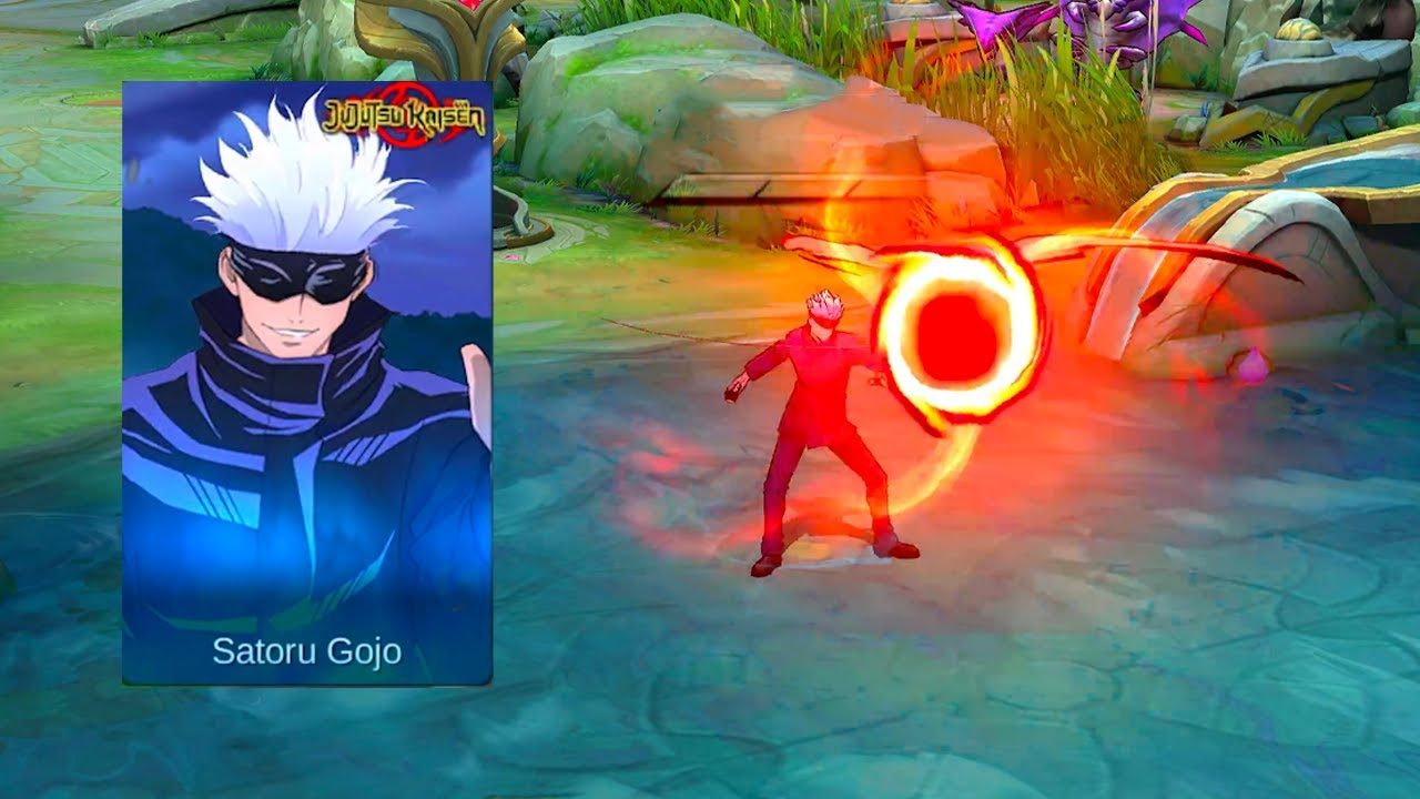 La skin de Satoru Gojo para Xavier en acción dentro de una partida de Mobile Legends