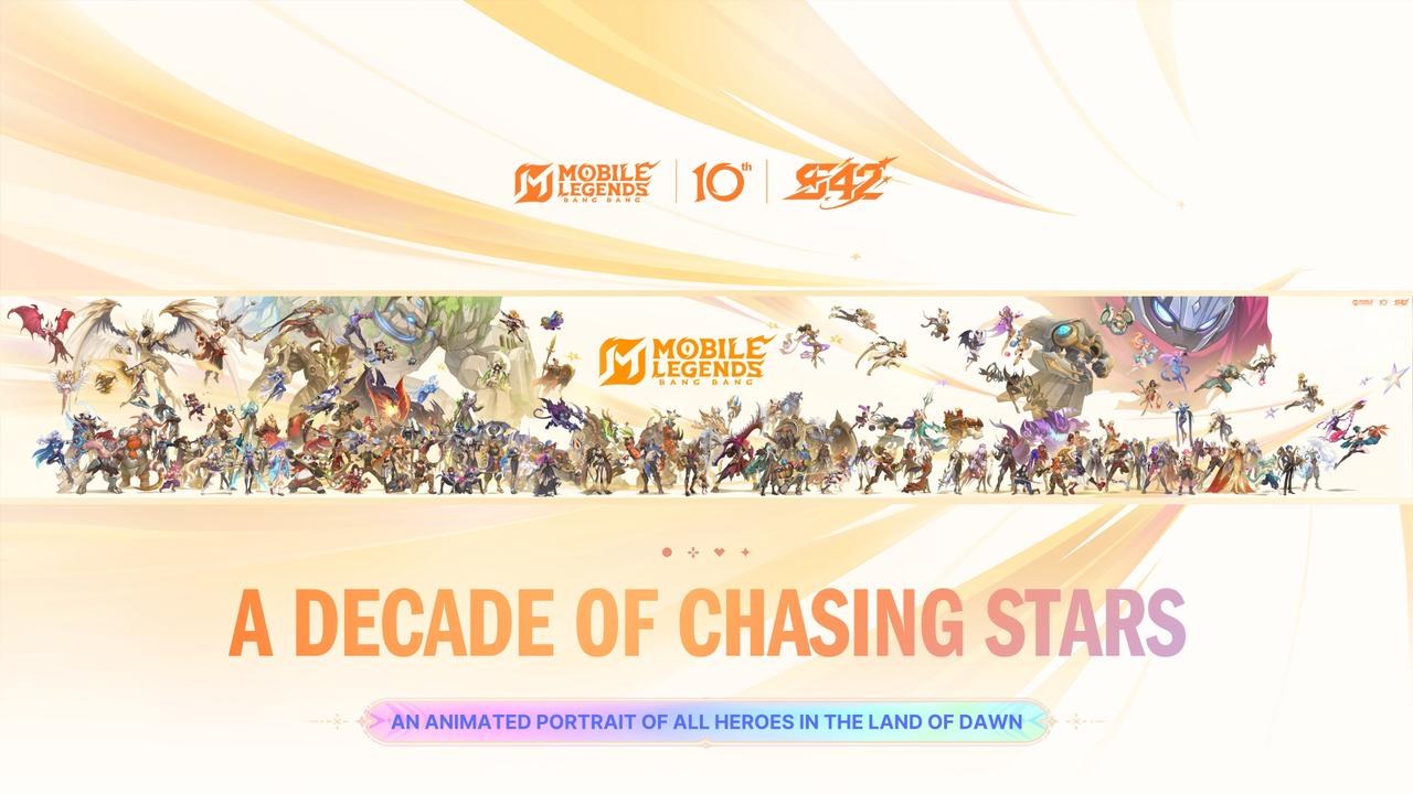 Cartel oficial del 10.º aniversario de Mobile Legends con decenas de héroes y el lema A Decade of Chasing Stars