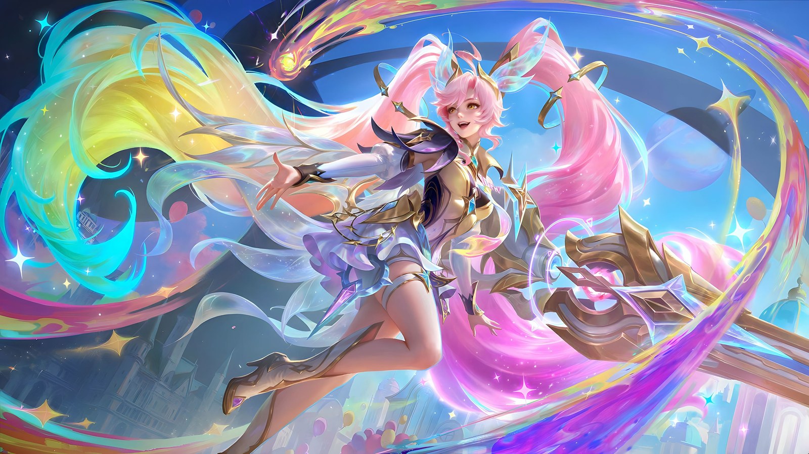 Layla con la skin Prismatic Rhythm, de pelo rosa y estelas de colores, en el arte oficial del aniversario