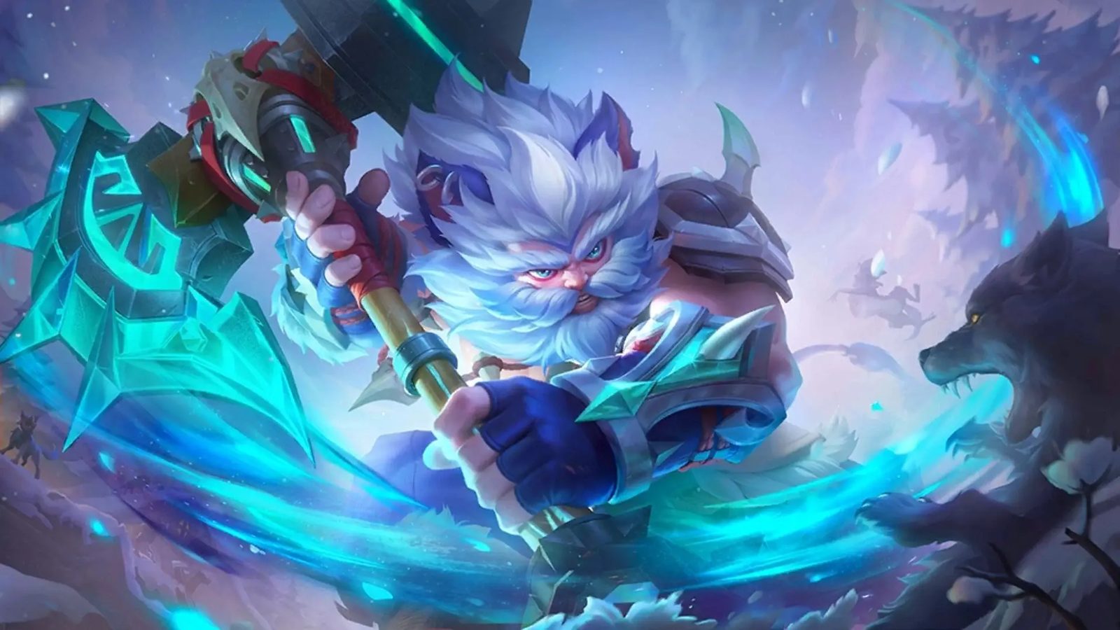 Aulus swings his axe beside a wolf in his official Mobile Legends art