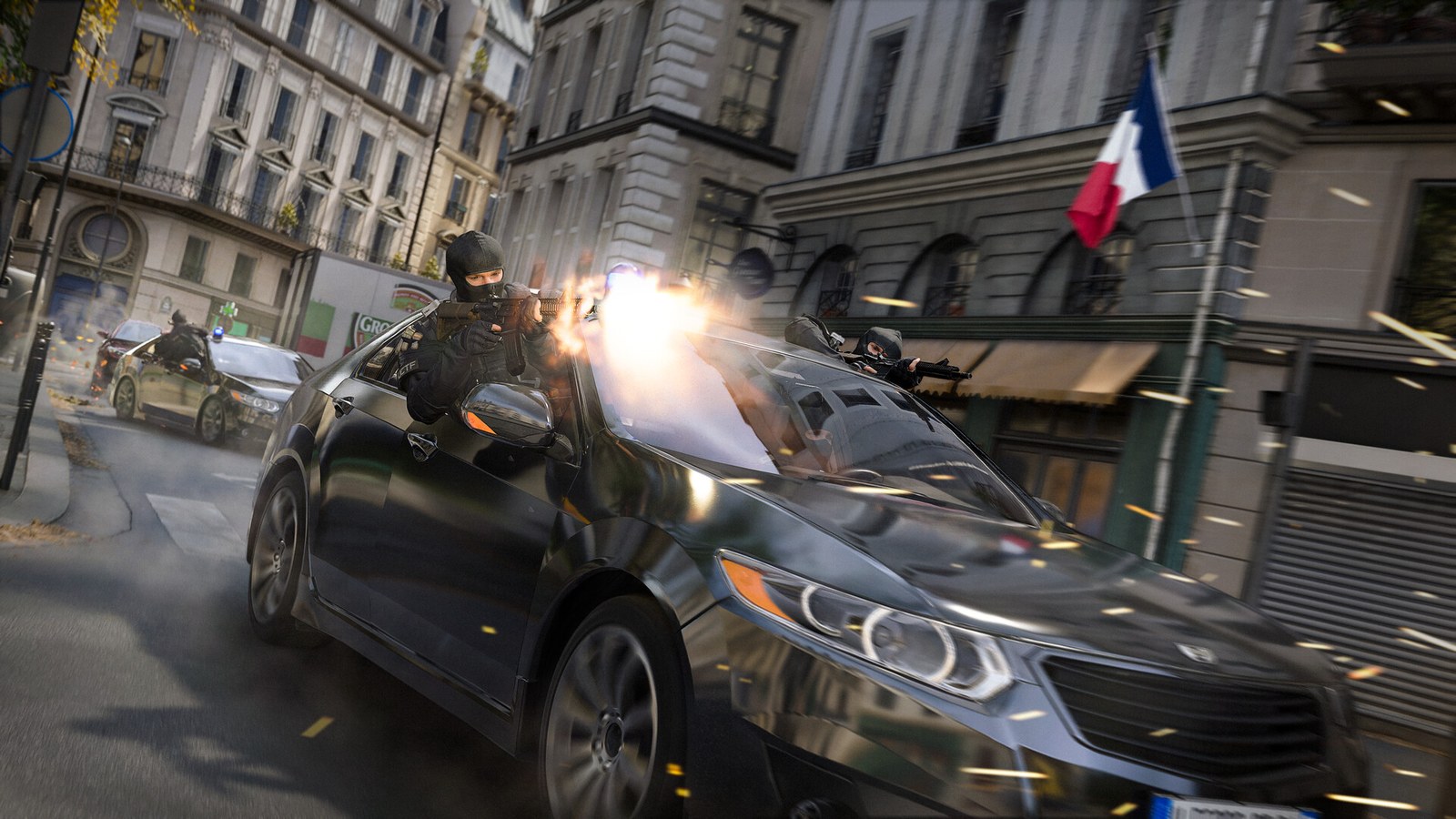 Tiroteo junto a un coche en una calle de París con una bandera francesa al fondo, en Modern Warfare 4