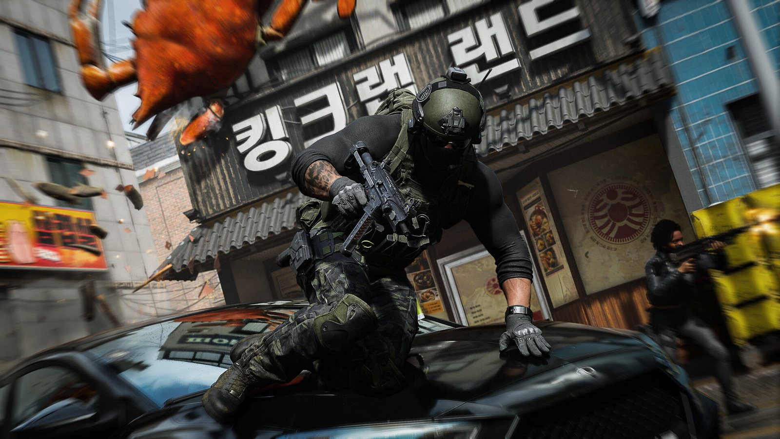 Soldados avanzan por una calle comercial coreana llena de carteles en Modern Warfare 4