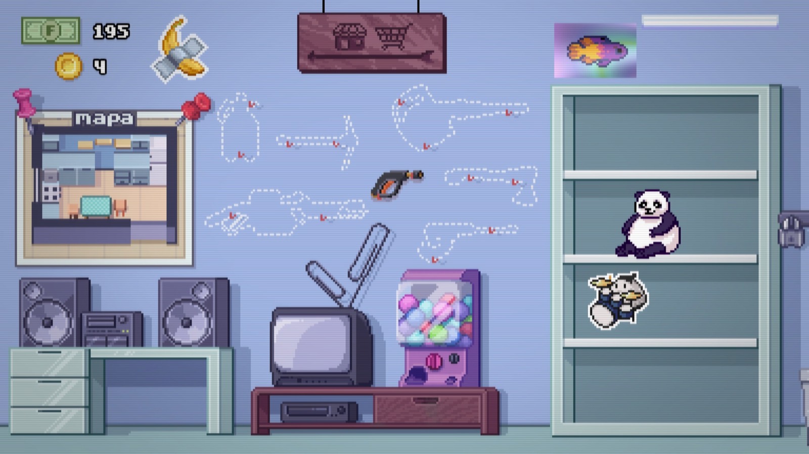 Moldwasher's room with shelves, a stereo and a capsule machine