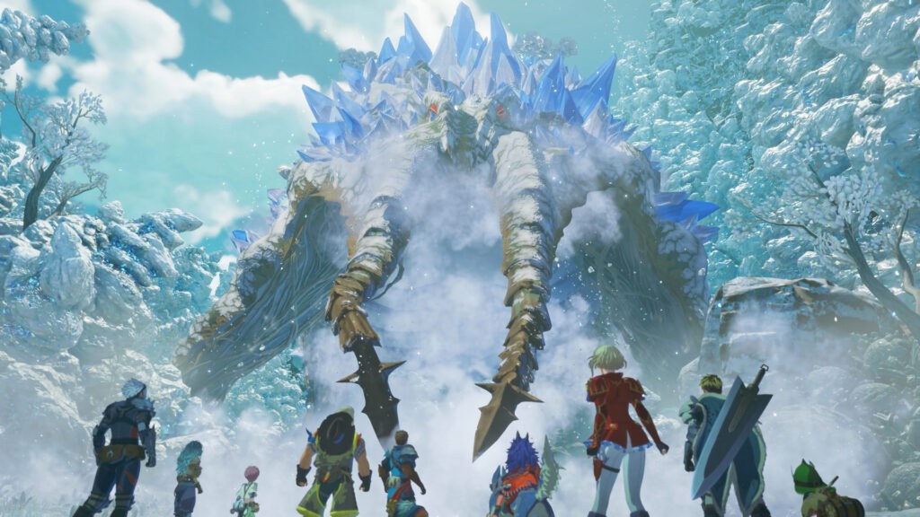 The Monster Hunter Stories 3 party faces a monster in an icy landscape