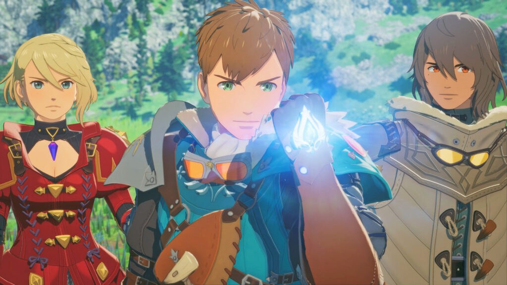 Three characters and a glowing stone in Monster Hunter Stories 3