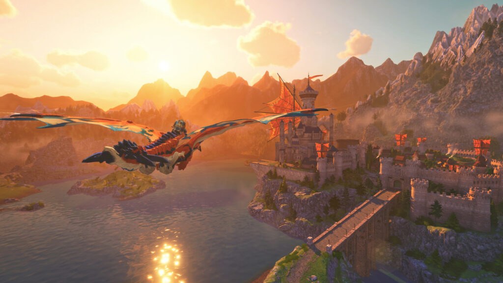 A Rathalos flies above a city at sunset in Monster Hunter Stories 3