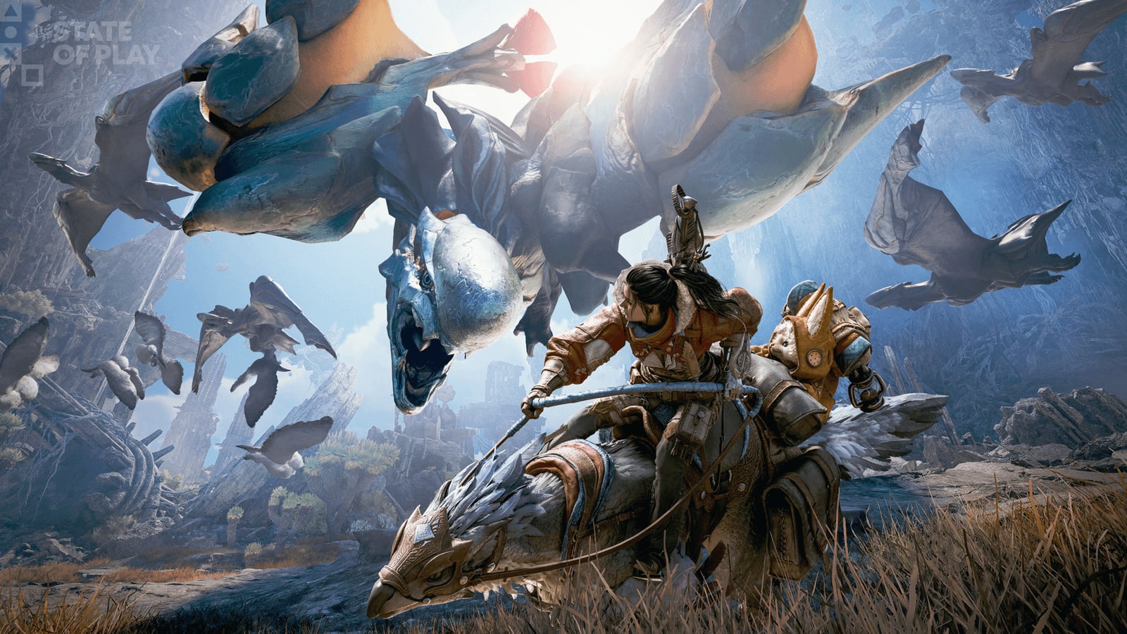 Cazador y montura frente a una bandada en Monster Hunter Wilds: Ascendance