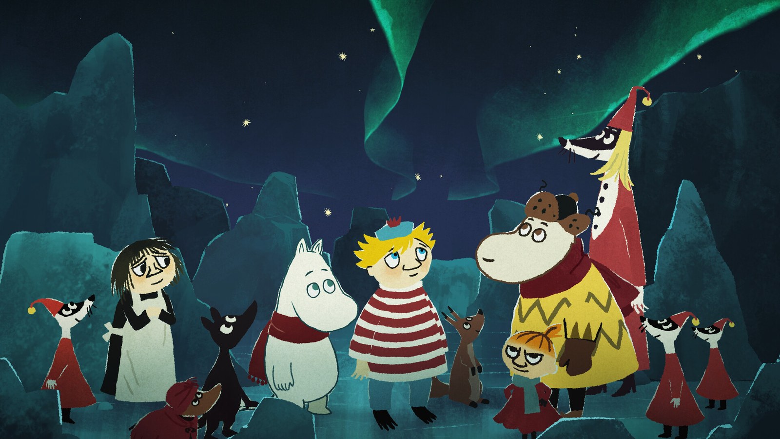 Moomintroll y otros personajes contemplan una aurora bajo el cielo nocturno