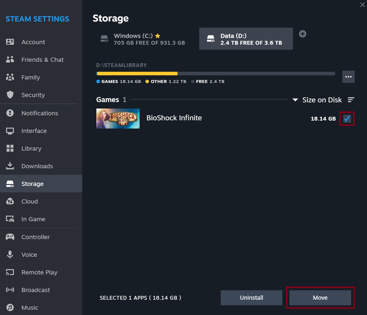 Administrador de almacenamiento de Steam con discos y juegos instalados