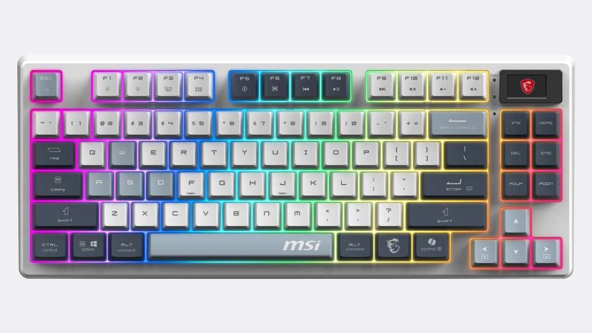 Official render of the MSI Forge GK600 TKL Wireless SKY with its RGB lighting glowing around every key