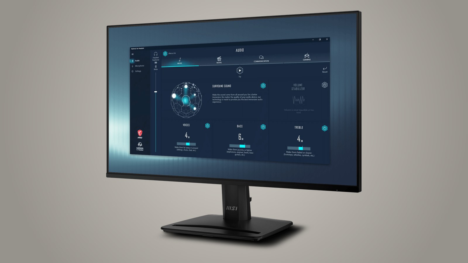 An MSI monitor showing Nahimic for Headset, with surround sound and three sliders for voices, bass and treble