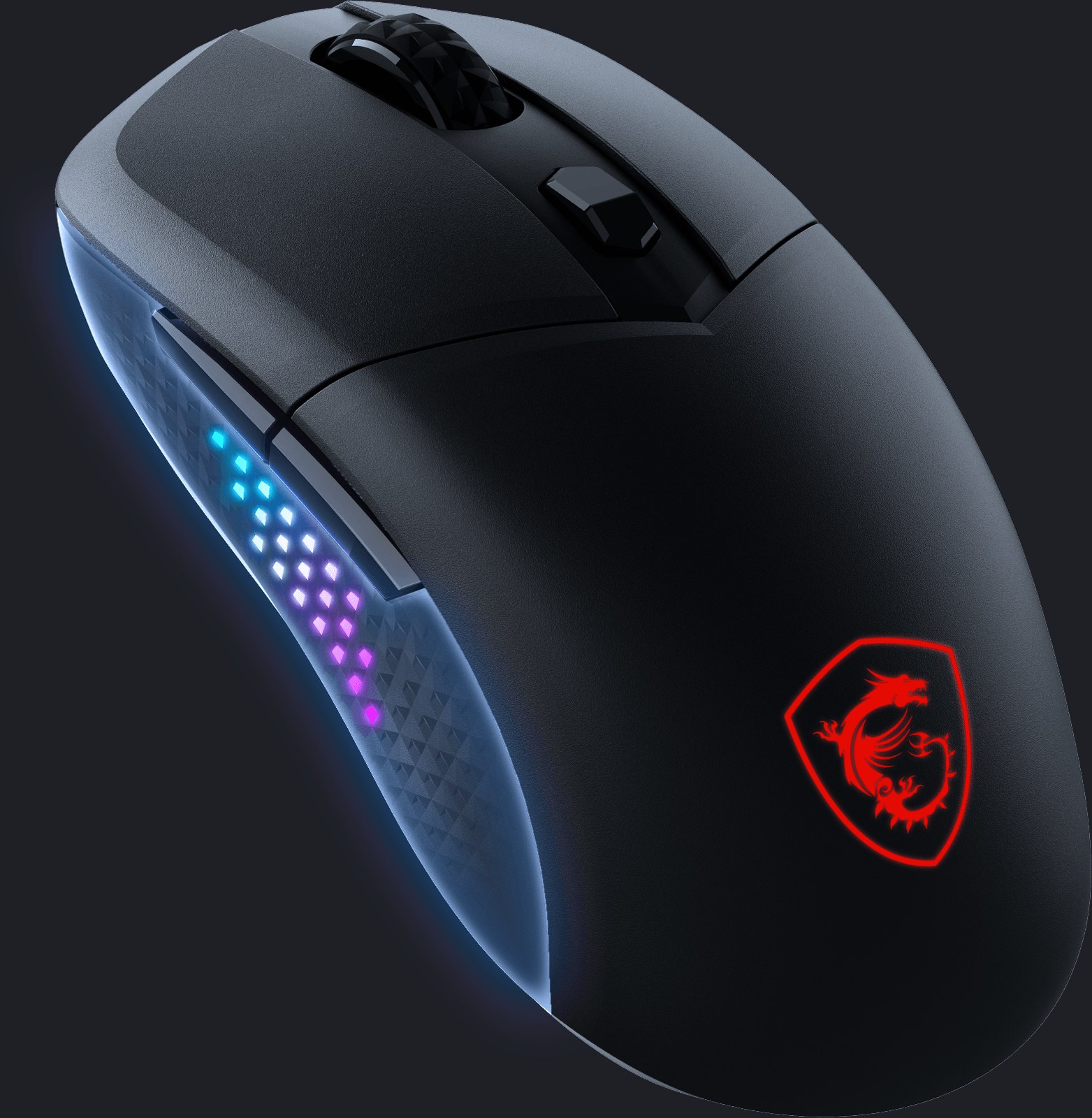 El Versa 300 Elite Wireless en tres cuartos desde arriba, con el escudo rojo y la rejilla de rombos del costado izquierdo iluminada en azul y morado