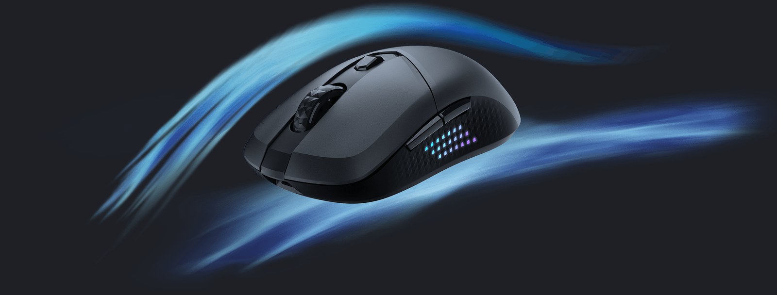 El Versa 300 Elite Wireless en tres cuartos frontal, con su carcasa simétrica, la rueda y el botón de DPI, entre trazos de luz azul