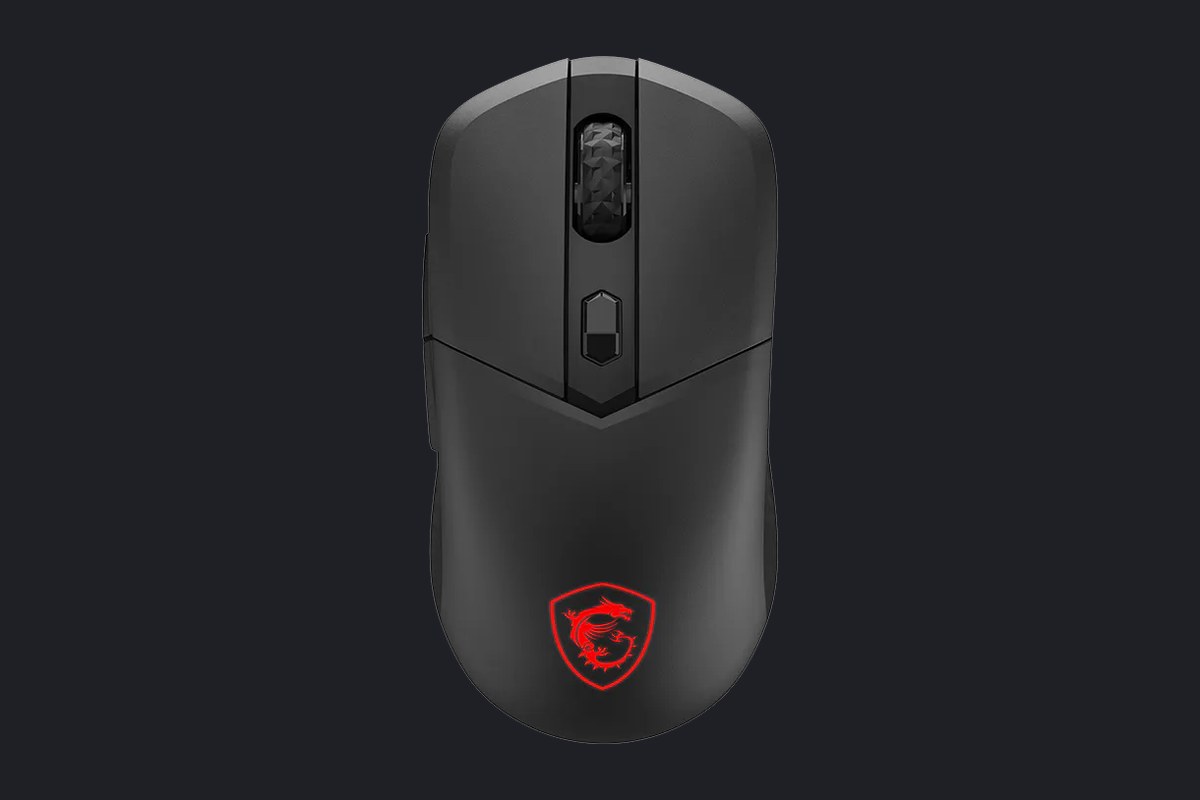 Vista cenital del Versa 300 Elite Wireless, con los dos costados iguales y la rueda, el botón de DPI y el escudo rojo de MSI alineados en el centro