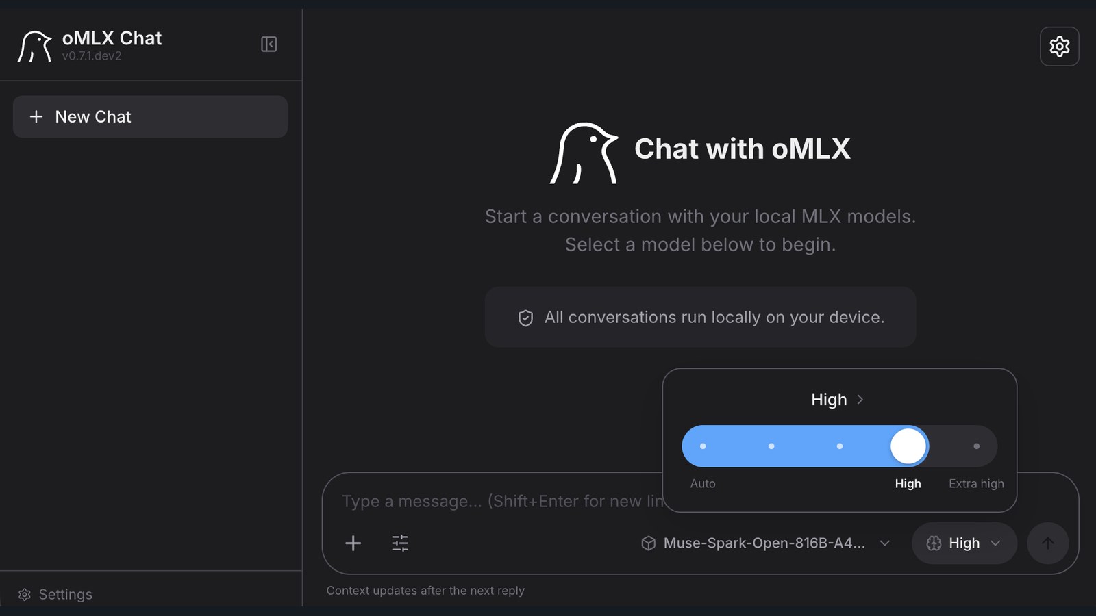 Muse Spark Open ejecutándose con oMLX