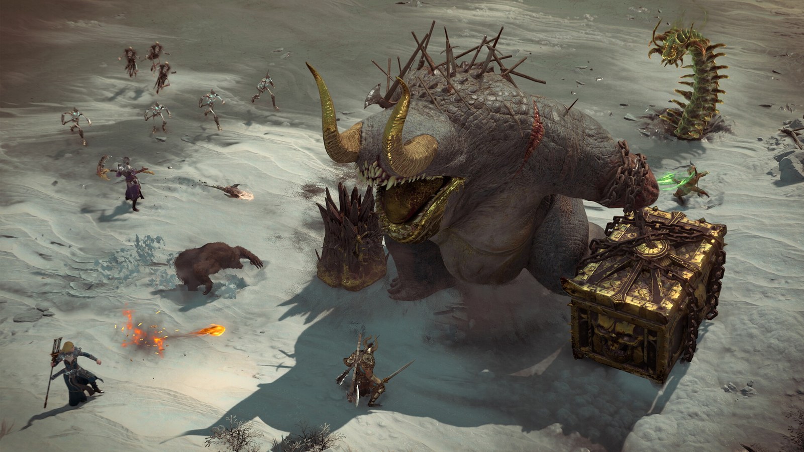 Diablo IV heroes battle a giant horned demon on a snowy field